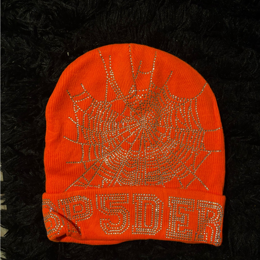 Vibrant Orange Beanie With Rhinestone Web Design